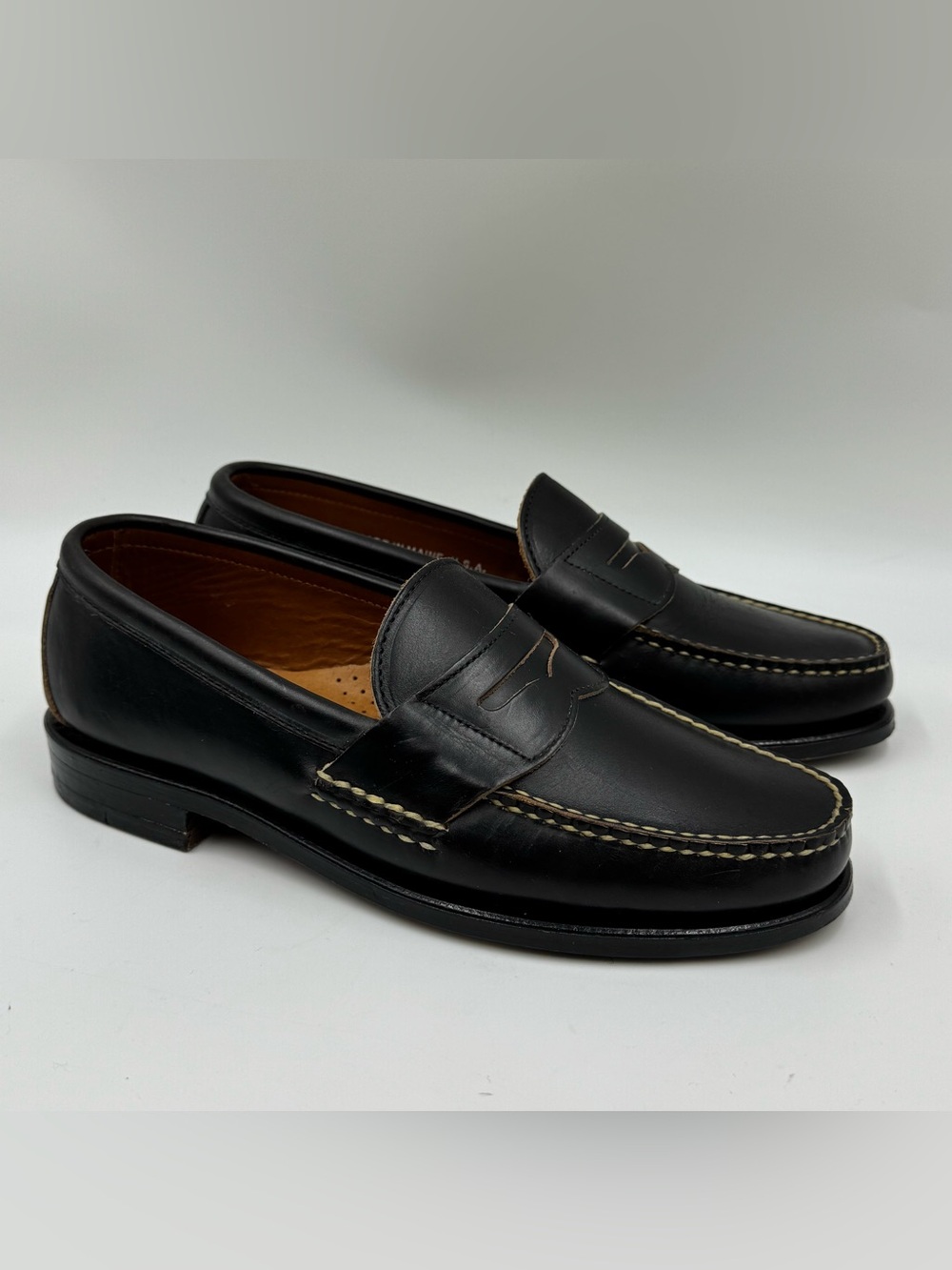Cole Haan Pinch Black Leather Penny Loafers with Contrast Stitching